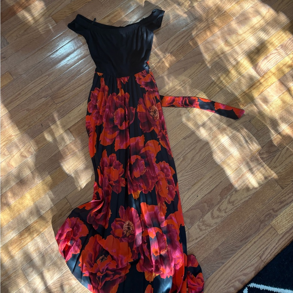 Off shoulder Formal Flowy Maxi Dress princess opera dress black and red print - Picture 1 of 4